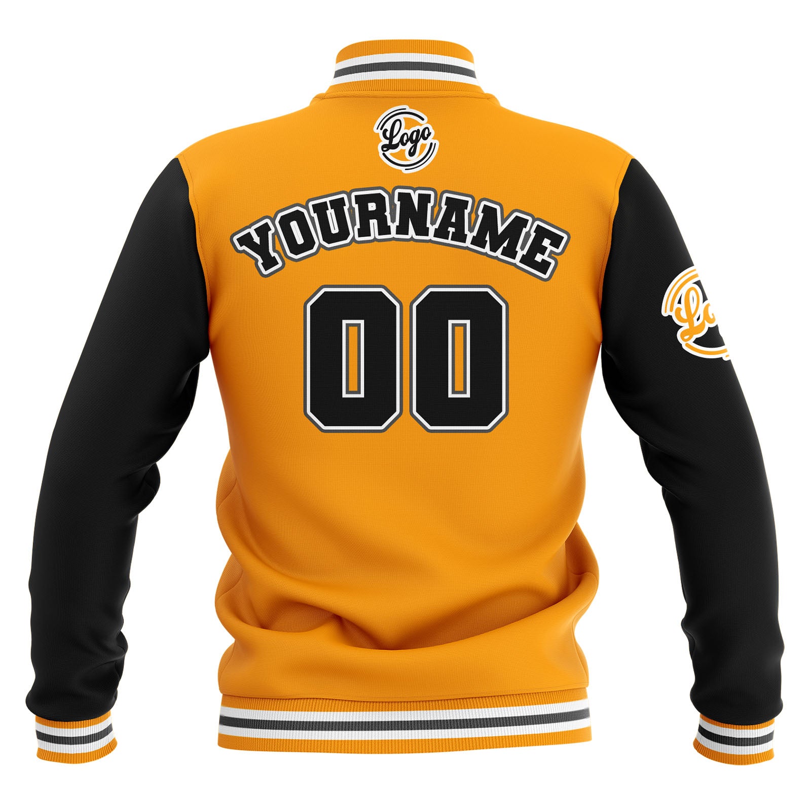 Chaquetas universitarias impermeables personalizadas en negro-amarillo y gris con nombre-número y logotipo bordados