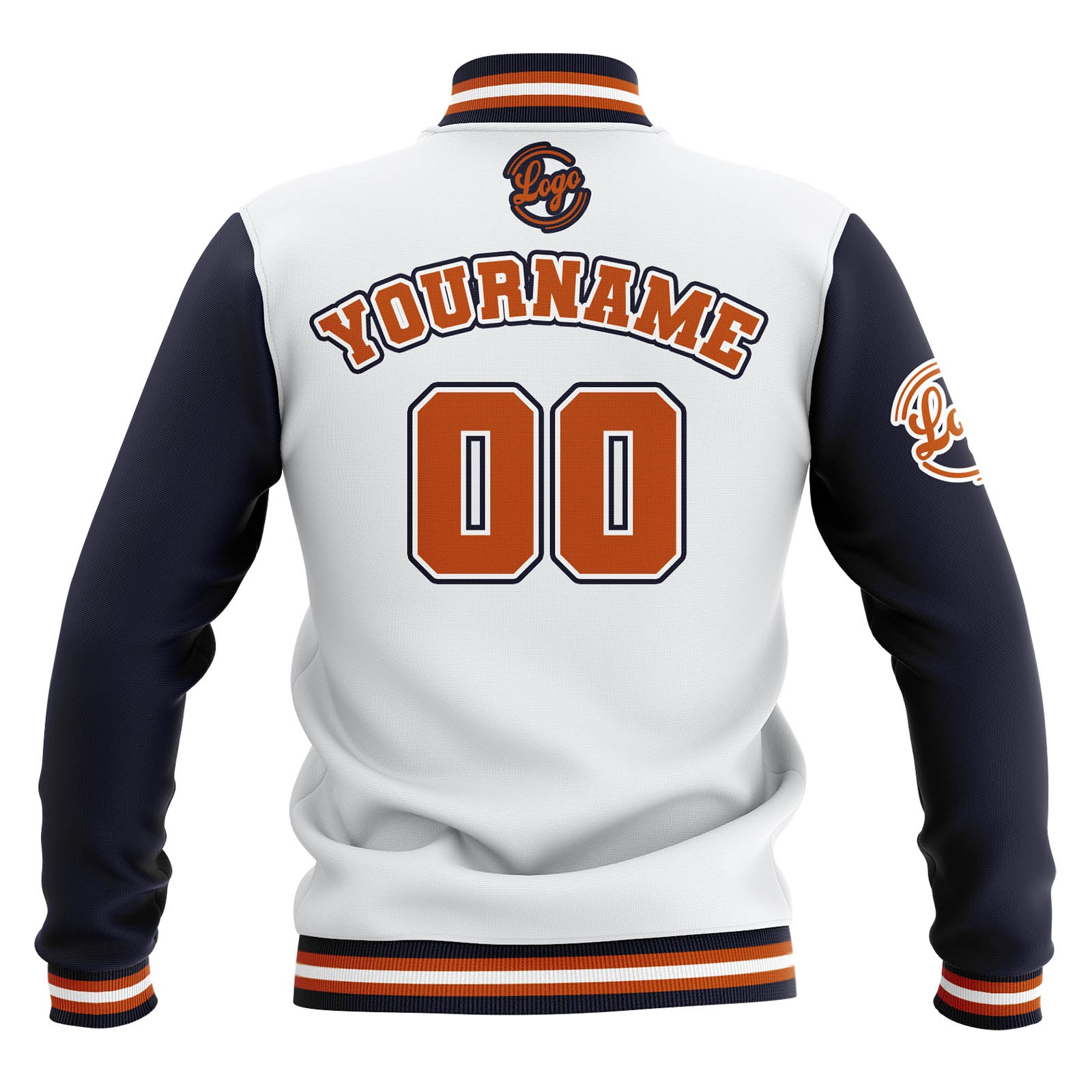 Chaquetas universitarias impermeables personalizadas en blanco-azul marino y naranja con nombre-número y logotipo bordados