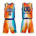 Uniforme de baloncesto personalizado de color naranja arcoíris y azul con tu logotipo-nombre y número impresos