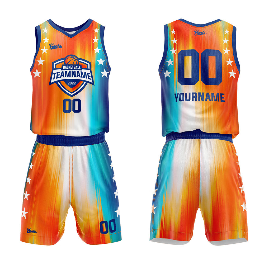 Uniforme de baloncesto personalizado de color naranja arcoíris y azul con tu logotipo-nombre y número impresos