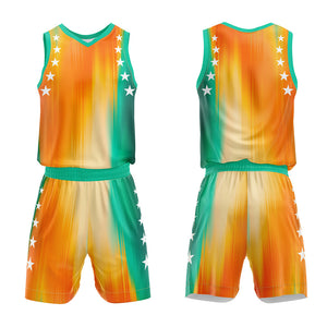 Uniforme de baloncesto personalizado de color naranja y verde arcoíris con tu logotipo-nombre y número impresos