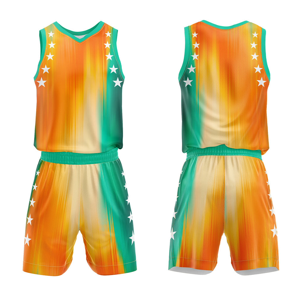 Uniforme de baloncesto personalizado de color naranja y verde arcoíris con tu logotipo-nombre y número impresos