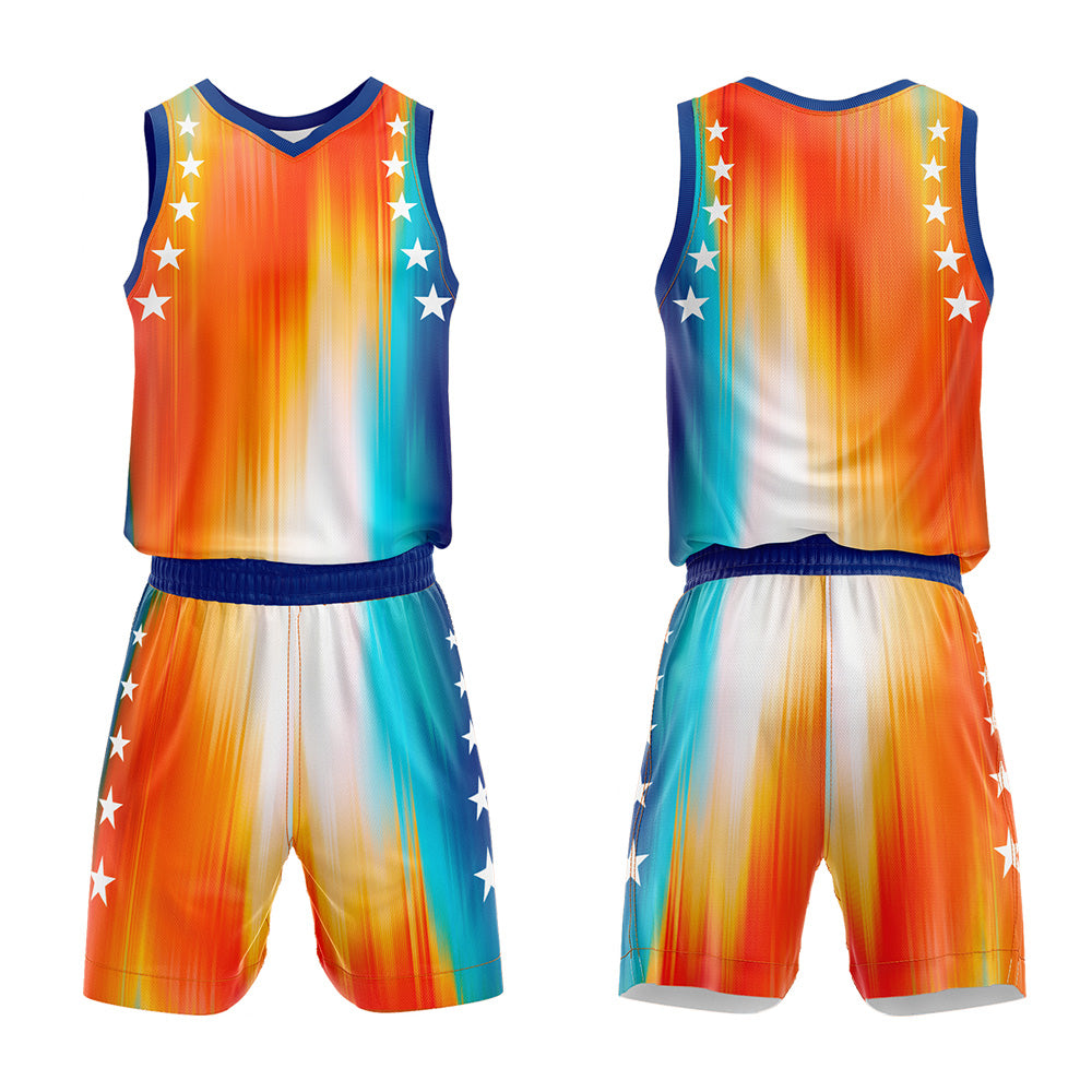 Uniforme de baloncesto personalizado de color naranja arcoíris y azul con tu logotipo-nombre y número impresos