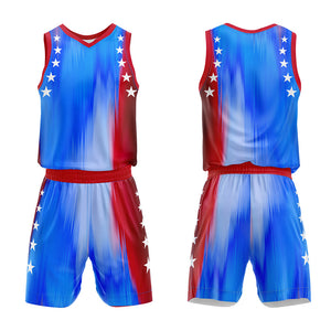 Uniforme de baloncesto personalizado azul arcoíris y rojo con tu logotipo-nombre y número impresos