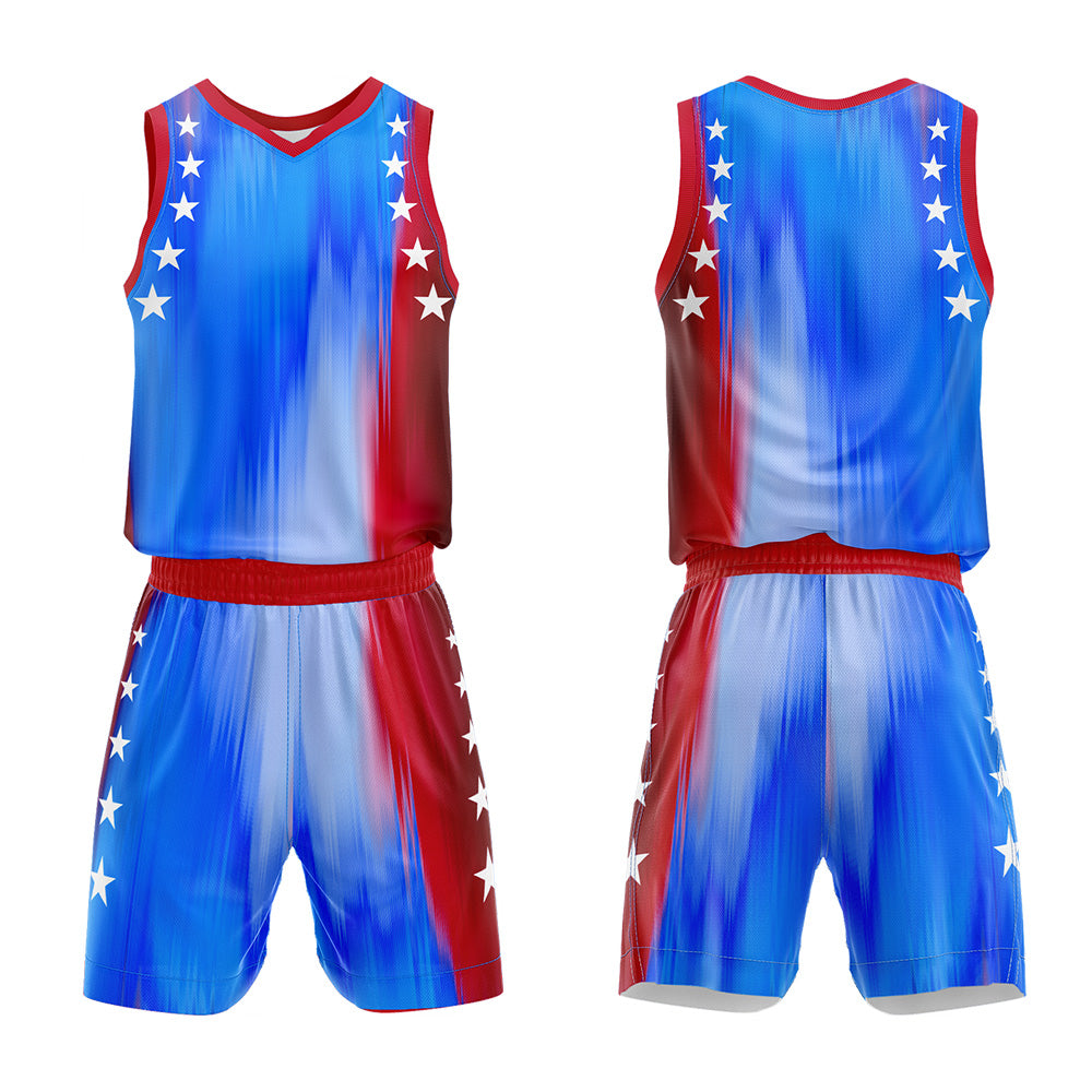 Uniforme de baloncesto personalizado azul arcoíris y rojo con tu logotipo-nombre y número impresos