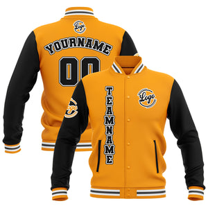 Chaquetas universitarias impermeables personalizadas en negro-amarillo y gris con nombre-número y logotipo bordados