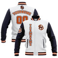 Chaquetas universitarias impermeables personalizadas en blanco-azul marino y naranja con nombre-número y logotipo bordados