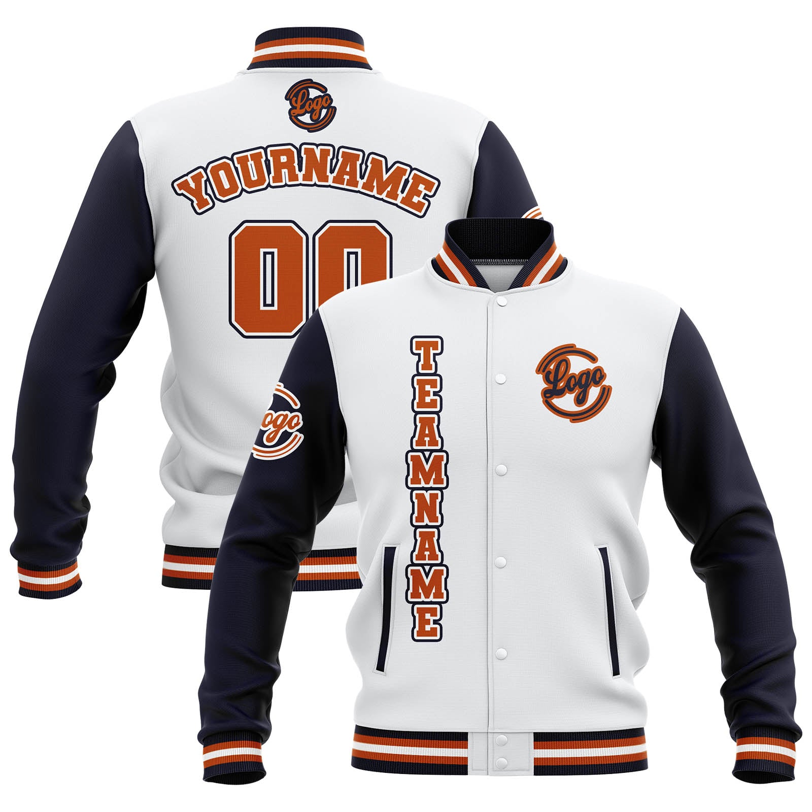 Chaquetas universitarias impermeables personalizadas en blanco-azul marino y naranja con nombre-número y logotipo bordados