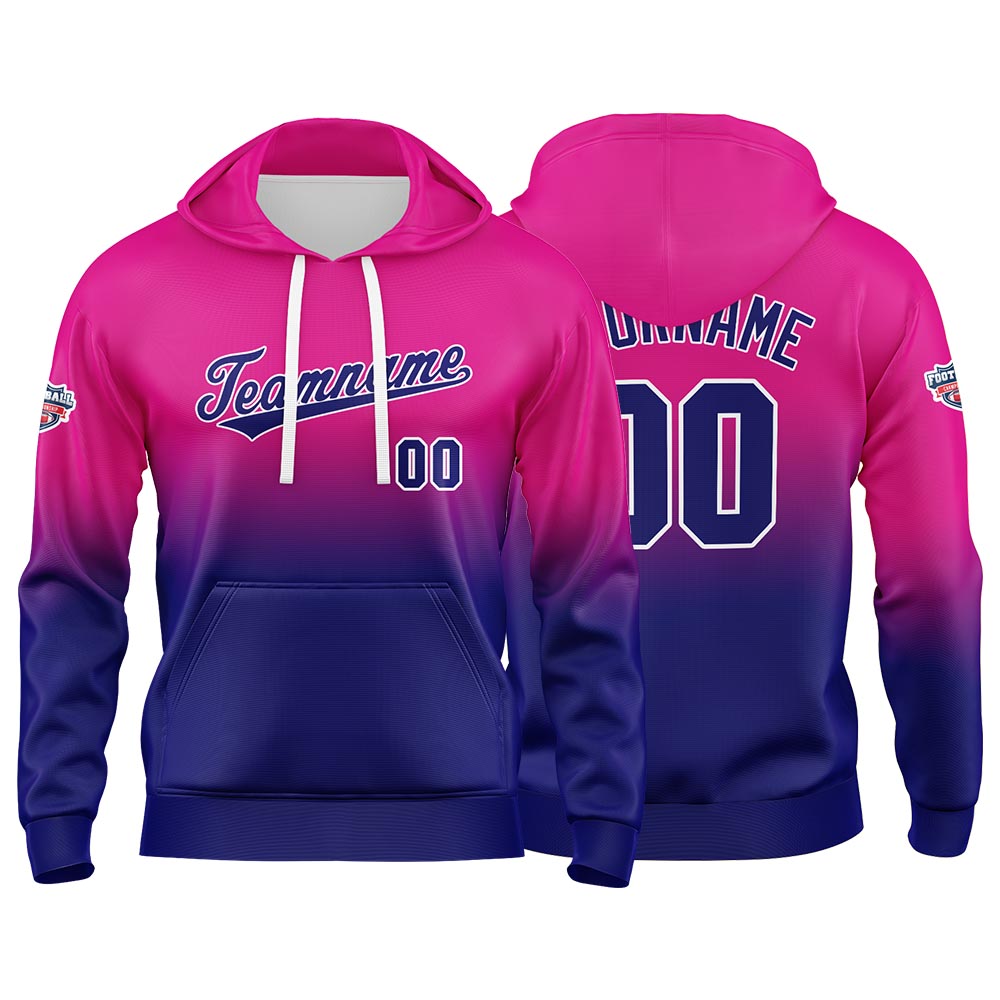 Sudadera con capucha personalizada con degradado para hombre-mujer-niña o niño Estampa tu logotipo-nombre o número Color fucsia y azul marino