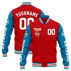 Chaqueta universitaria personalizada estilo Letterman para hombres-mujeres y jóvenes-color azul y rojo