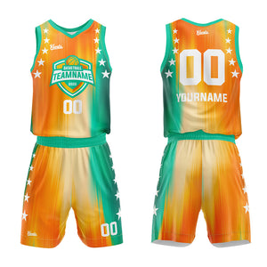 Uniforme de baloncesto personalizado de color naranja y verde arcoíris con tu logotipo-nombre y número impresos