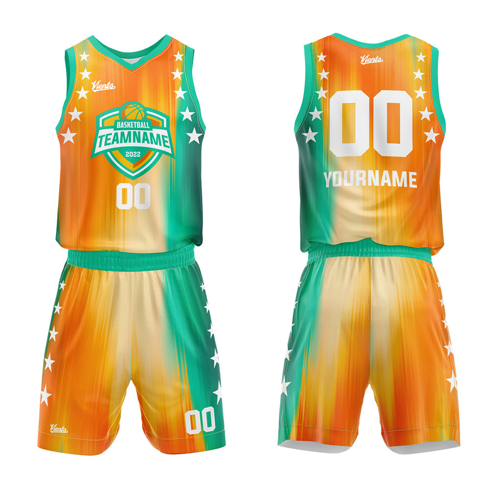 Uniforme de baloncesto personalizado de color naranja y verde arcoíris con tu logotipo-nombre y número impresos
