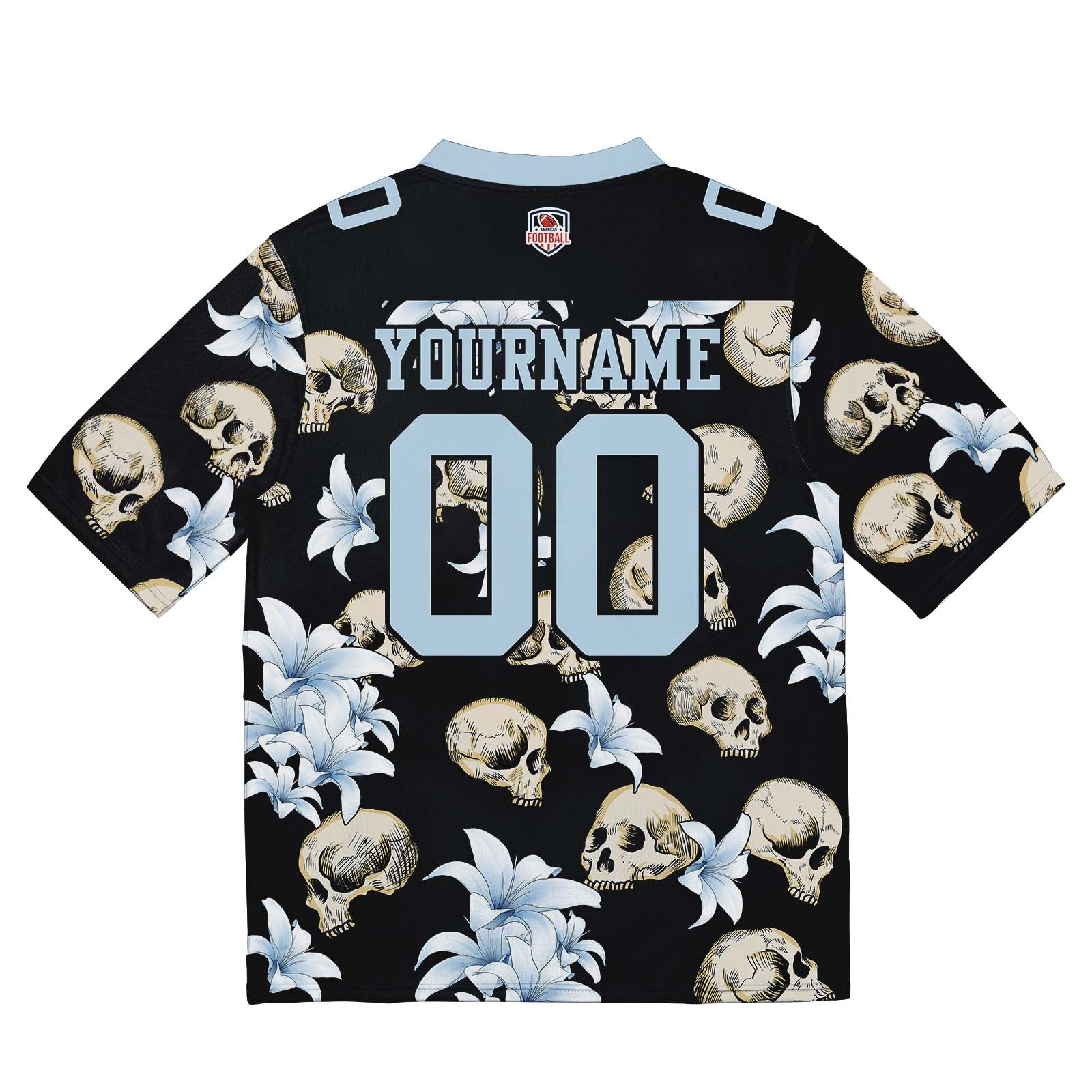 Camiseta de fútbol personalizada con nombre y número del equipo bordados y estampados en forma de calavera -Azul claro