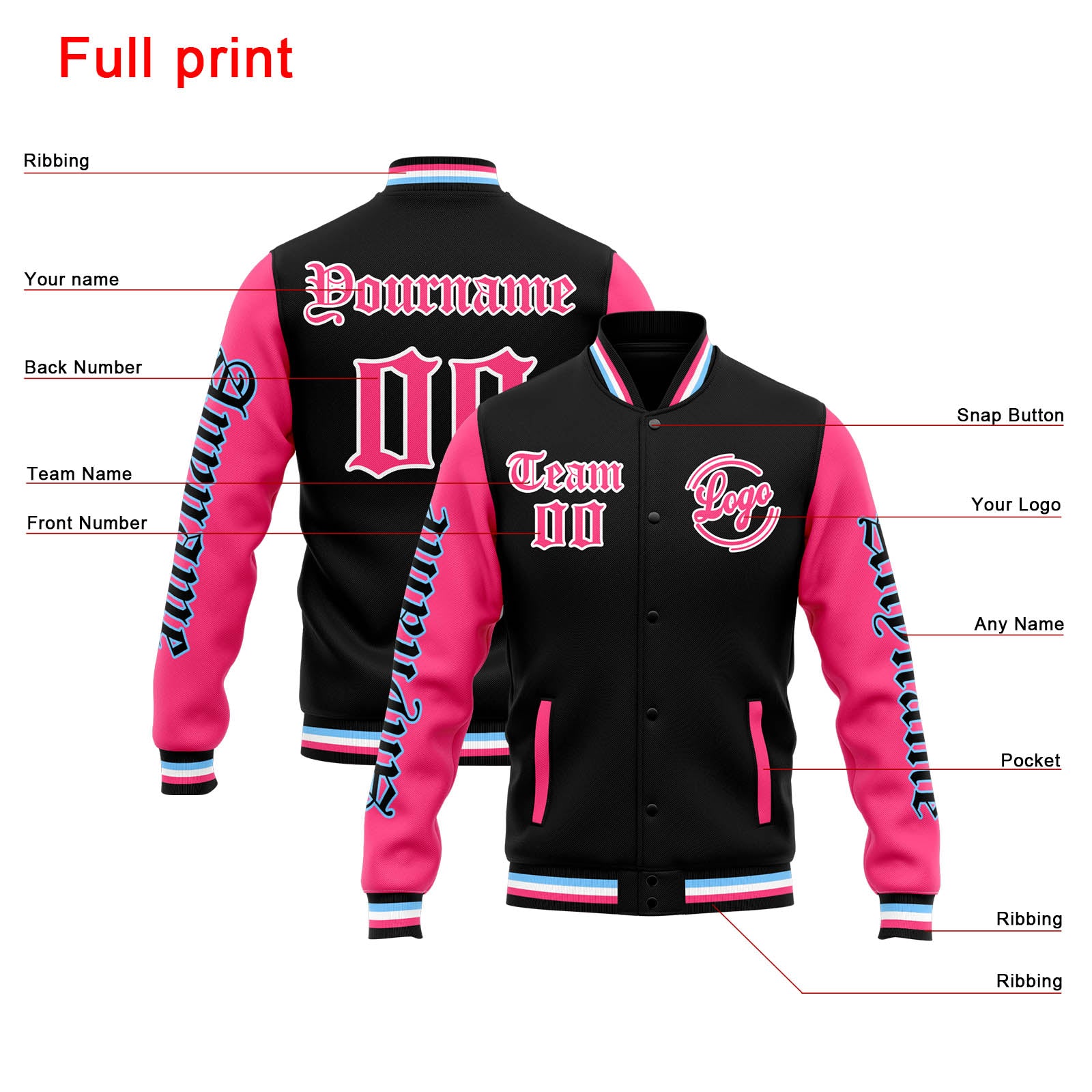 Chaqueta universitaria personalizada estilo Letterman para hombres-mujeres y jóvenes-color negro y rosa