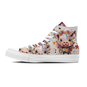 Whimsical Piggies: Zapatillas unisex de media caña de lona: Adéntrate en un mundo mágico con divertidos estampados de cerditos para hombre y mujer