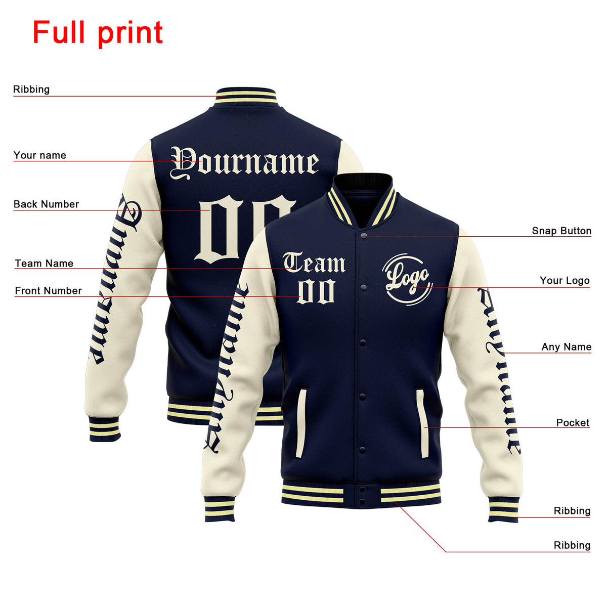 Chaqueta universitaria personalizada estilo Letterman para hombres-mujeres y jóvenes-color azul marino y crema