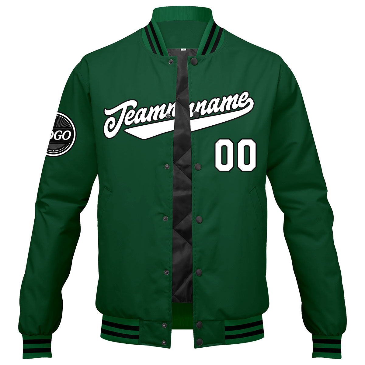 Chaqueta universitaria personalizada estilo Letterman para hombres-mujeres y jóvenes en verde-negro y blanco