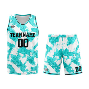 Uniforme de baloncesto personalizado en color blanco aguamarina con tu logotipo-nombre y número impresos