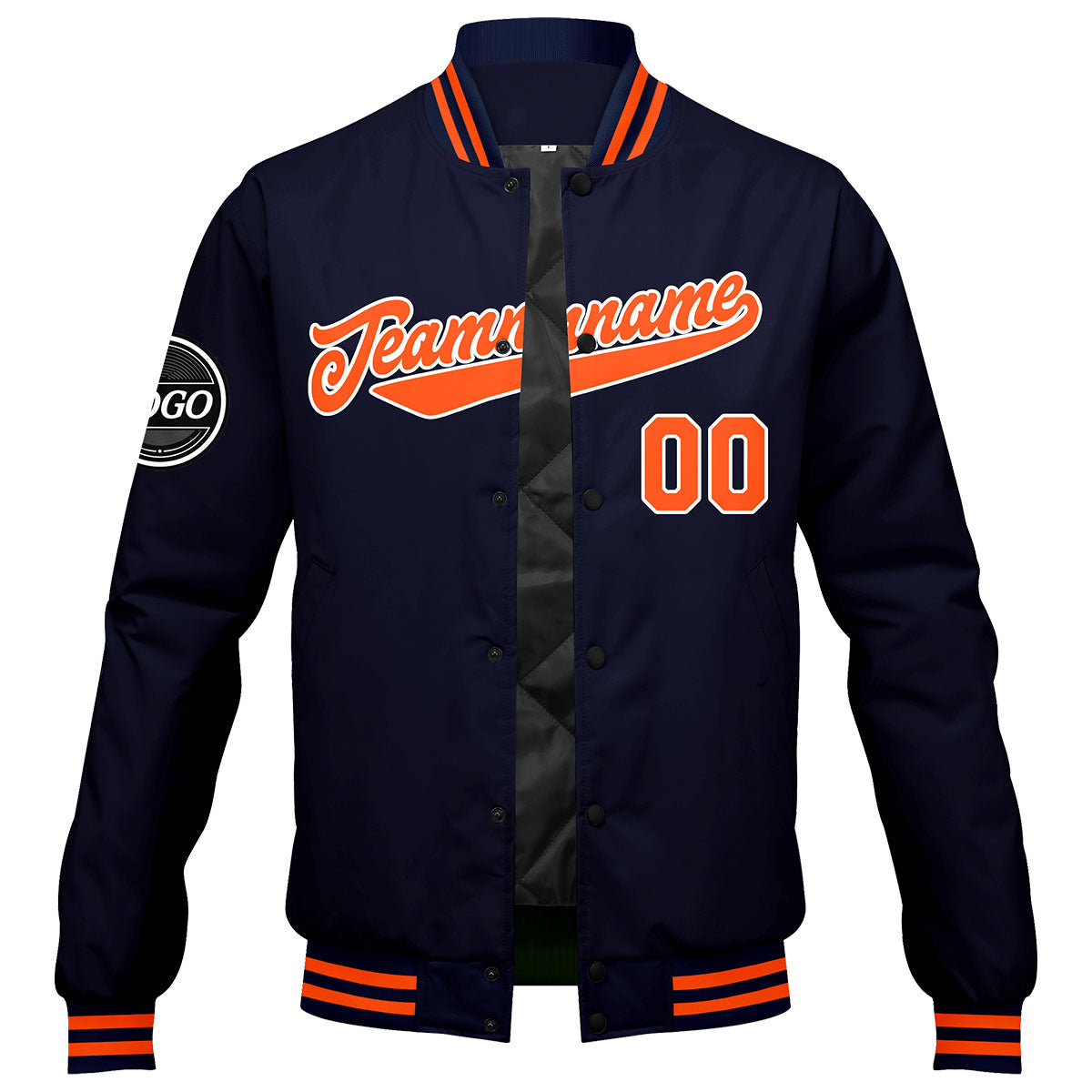 Chaqueta universitaria personalizada estilo Letterman para hombres-mujeres y jóvenes-color azul marino y naranja
