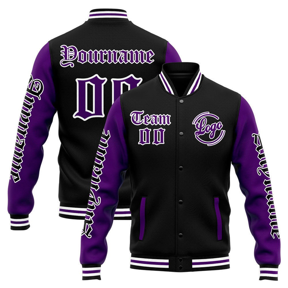 Chaqueta universitaria personalizada estilo Letterman para hombres-mujeres y jóvenes-color morado y negro