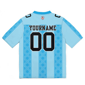 Camiseta de fútbol personalizada con franja azul y nombre del equipo impresos y bordados