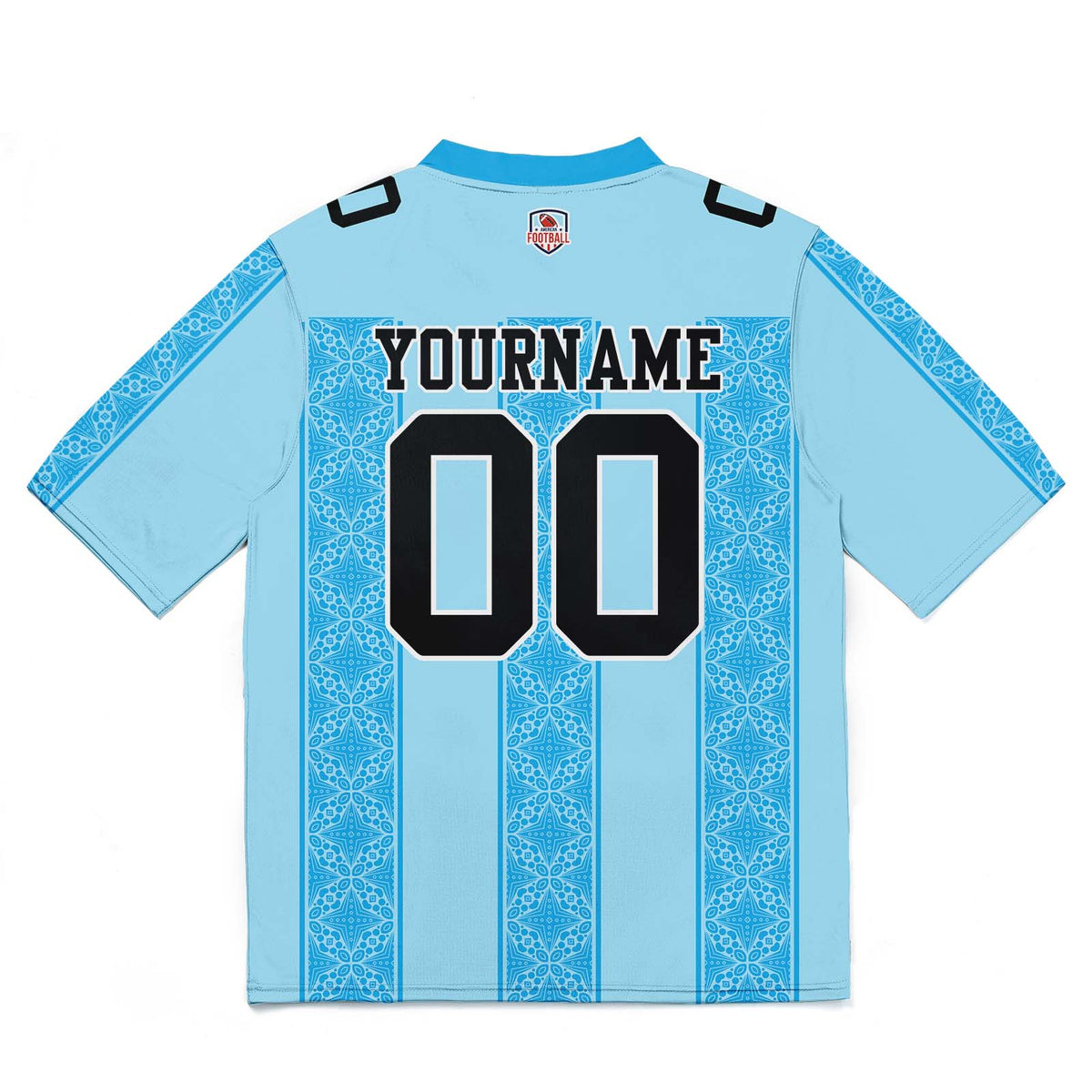Camiseta de fútbol personalizada con franja azul y nombre del equipo impresos y bordados