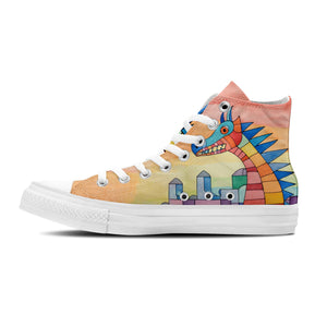 Dino Dreamscape: Zapatillas unisex de lona de media caña -Embárcate en un viaje a través de un mundo artístico con divertidos estampados de dinosaurios para hombres y mujeres