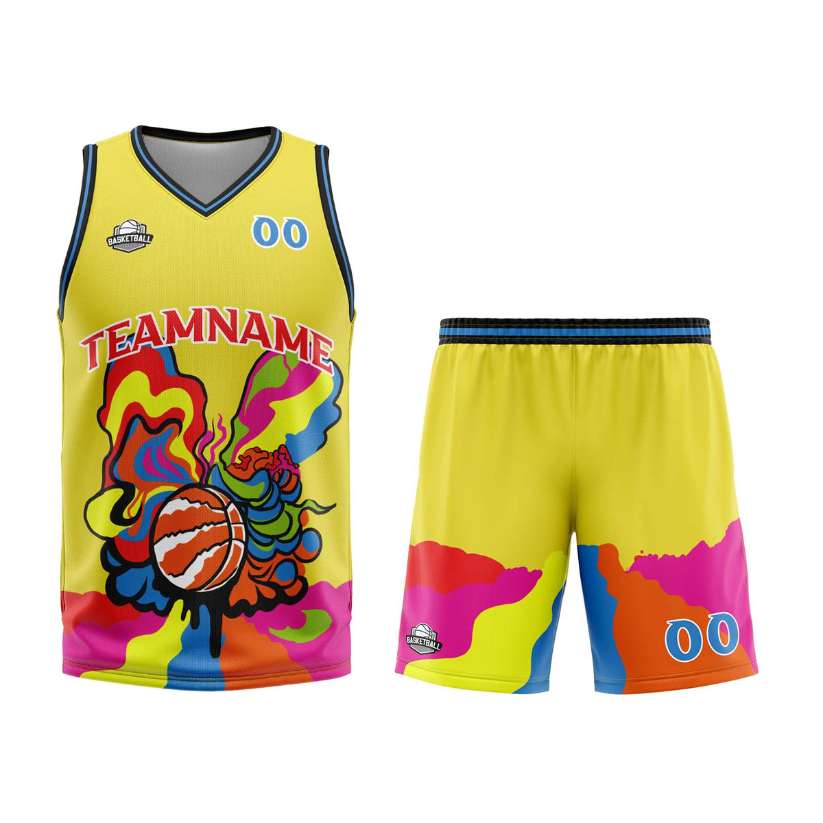 Uniforme de baloncesto amarillo personalizado con tu logotipo-nombre y número impresos