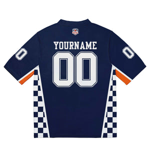 Camiseta de fútbol personalizada con nombre y número del equipo bordados-color azul marino y naranja