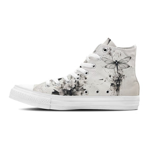 Dragonfly Dreams: Zapatillas de lona de caña alta con diseño de tinta japonesa -Moda unisex inspirada en el arte de Oriente