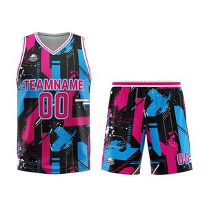 Uniforme de baloncesto rosa y azul claro con diseño geométrico personalizado-estampado con tu logotipo-nombre y número