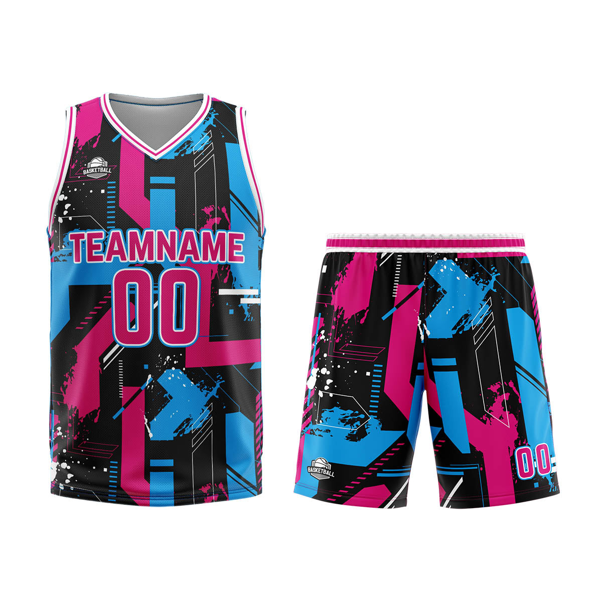 Uniforme de baloncesto rosa y azul claro con diseño geométrico personalizado-estampado con tu logotipo-nombre y número
