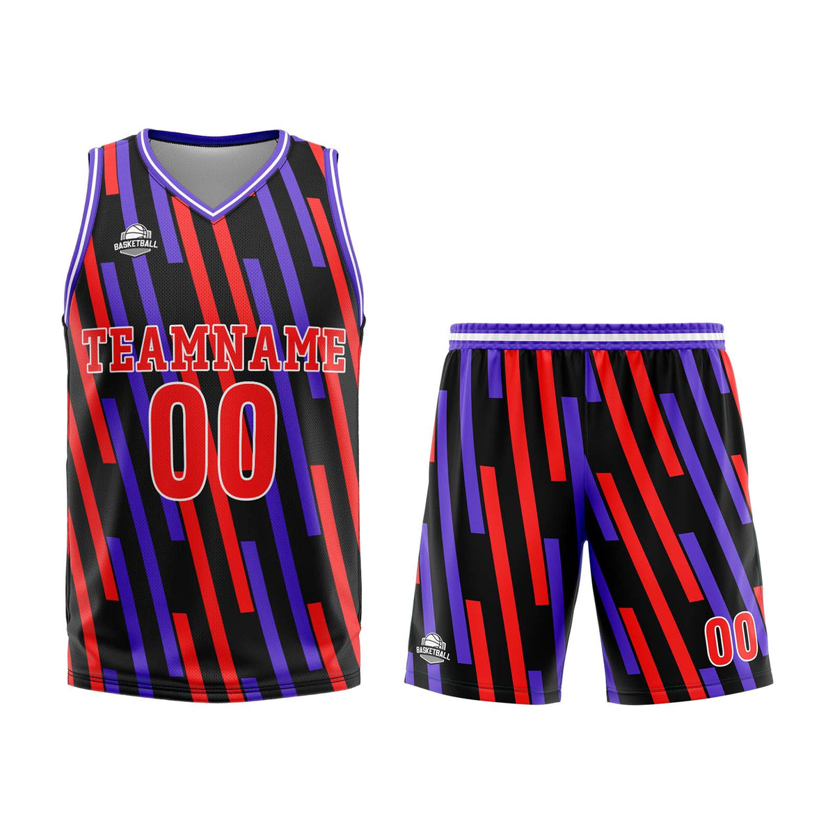 Camiseta de baloncesto personalizada con barra vertical roja y morada-uniforme impreso con su logotipo-nombre y número