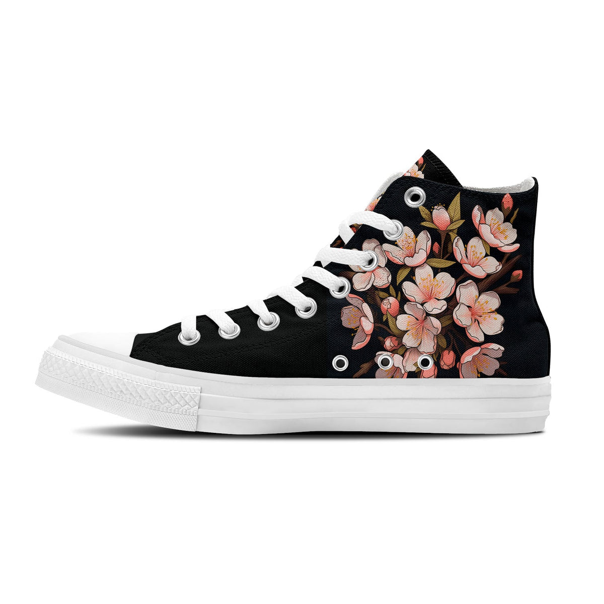 Floral Whispers: Zapatillas de lona de media caña para hombre y mujer -Déjese seducir por la serenidad de la naturaleza con estas zapatillas de lona de caña media con estampado de flores de ciruelo
