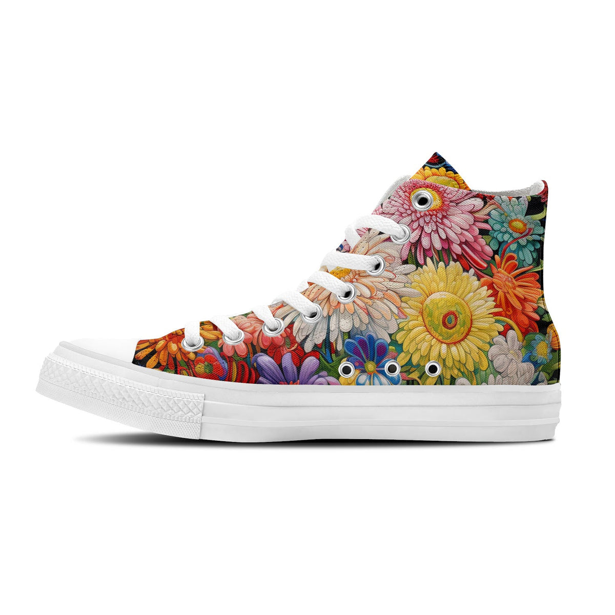 Elegancia Floreciente: Zapatillas de lona de media caña para hombre y mujer -Realza tu estilo con estas zapatillas de lona de caña media que presentan la elegante y divertida estética de los diseños artísticos de crisantemos