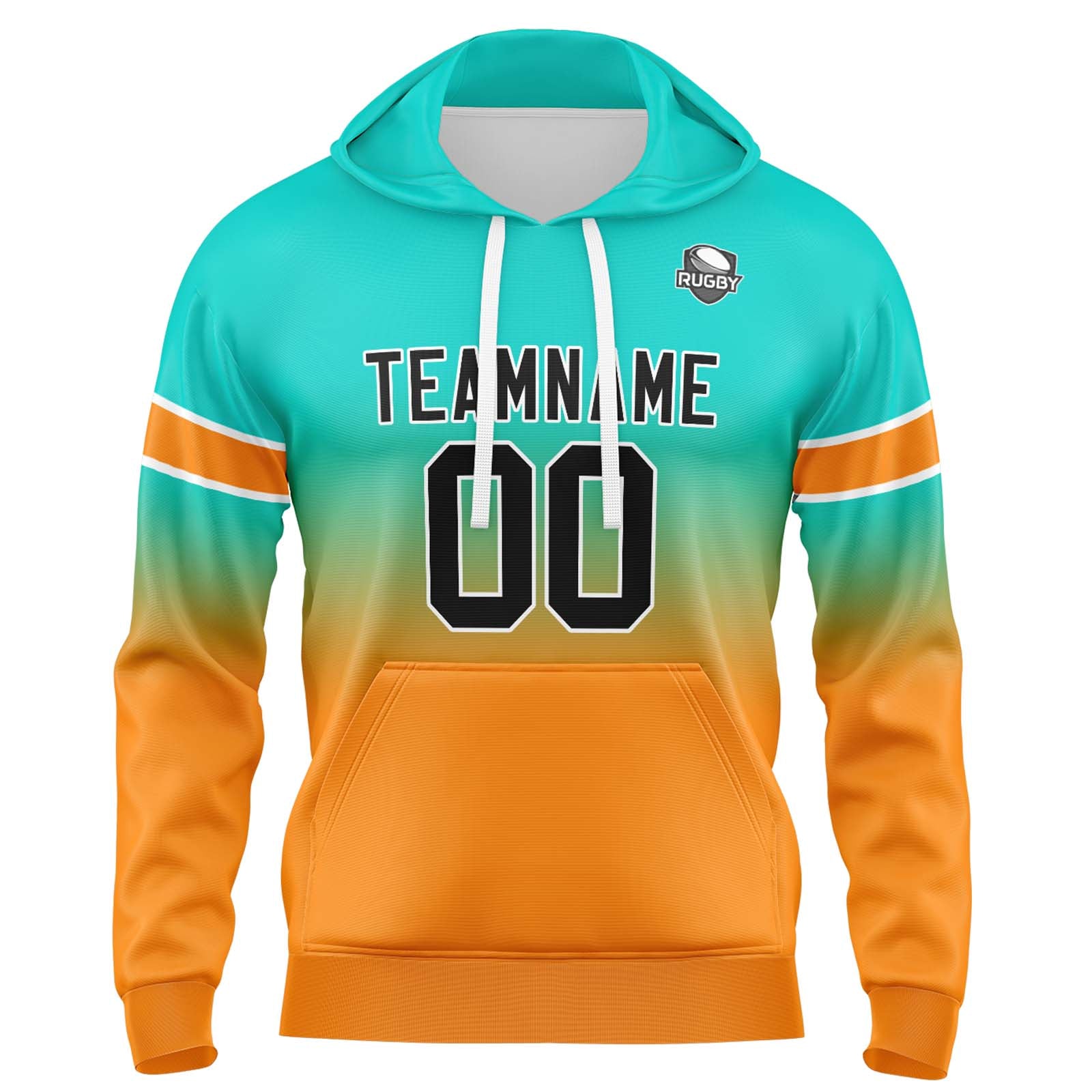 Sudadera con capucha degradada personalizada para hombre-mujer-niña o niño Estampa tu logotipo-nombre o número Color verde azulado y naranja