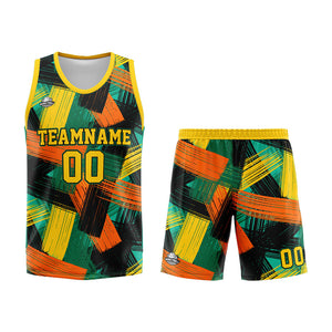 Uniforme de baloncesto personalizado amarillo y verde con tu logotipo-nombre y número impresos
