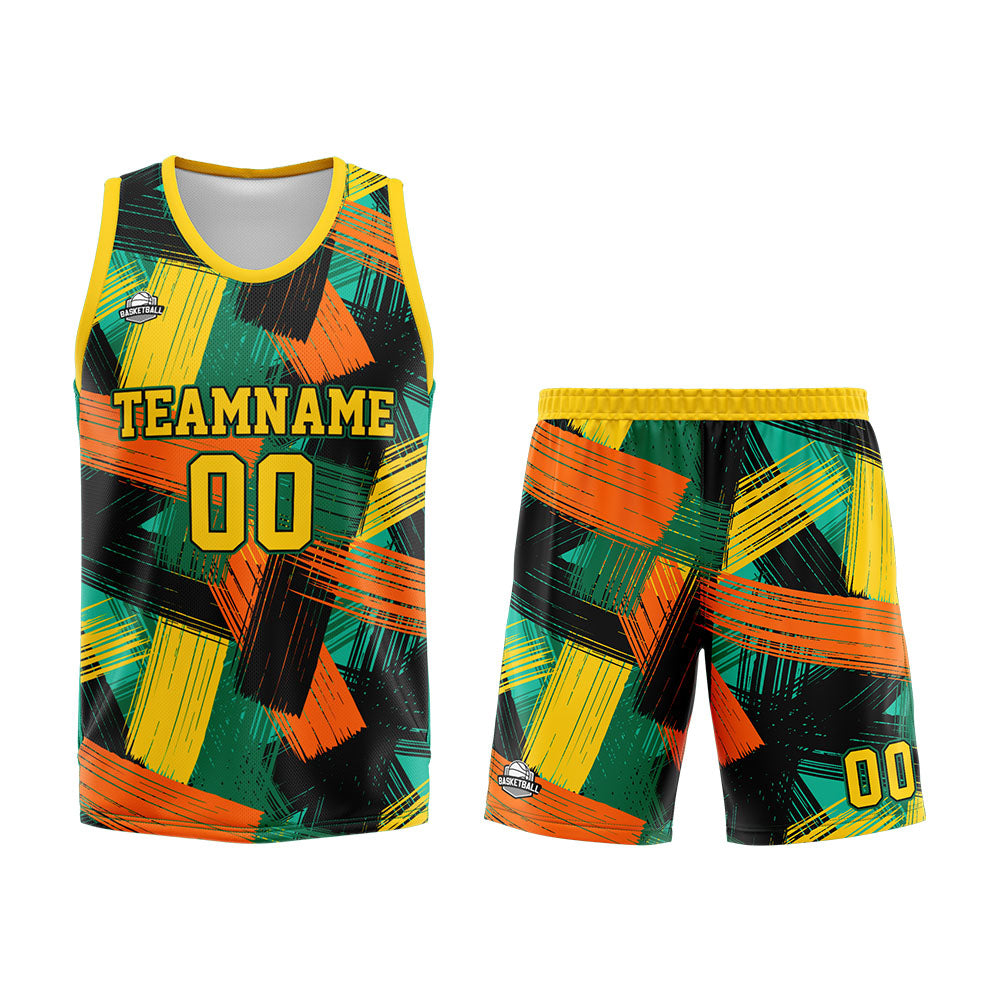 Uniforme de baloncesto personalizado amarillo y verde con tu logotipo-nombre y número impresos