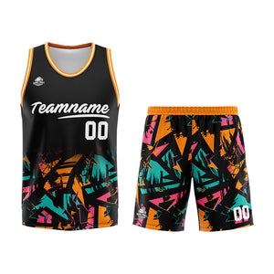 Uniforme de baloncesto personalizado en negro-naranja y verde con tu logotipo-nombre y número impresos