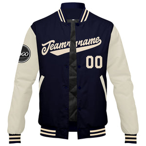 Chaqueta universitaria personalizada estilo Letterman para hombres-mujeres y jóvenes-color azul marino y crema