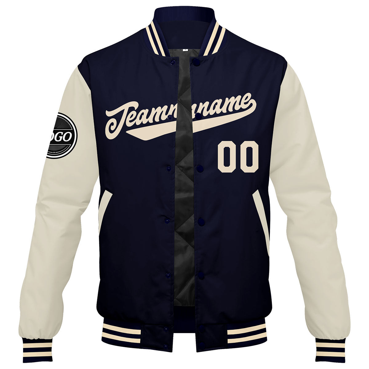 Chaqueta universitaria personalizada estilo Letterman para hombres-mujeres y jóvenes-color azul marino y crema