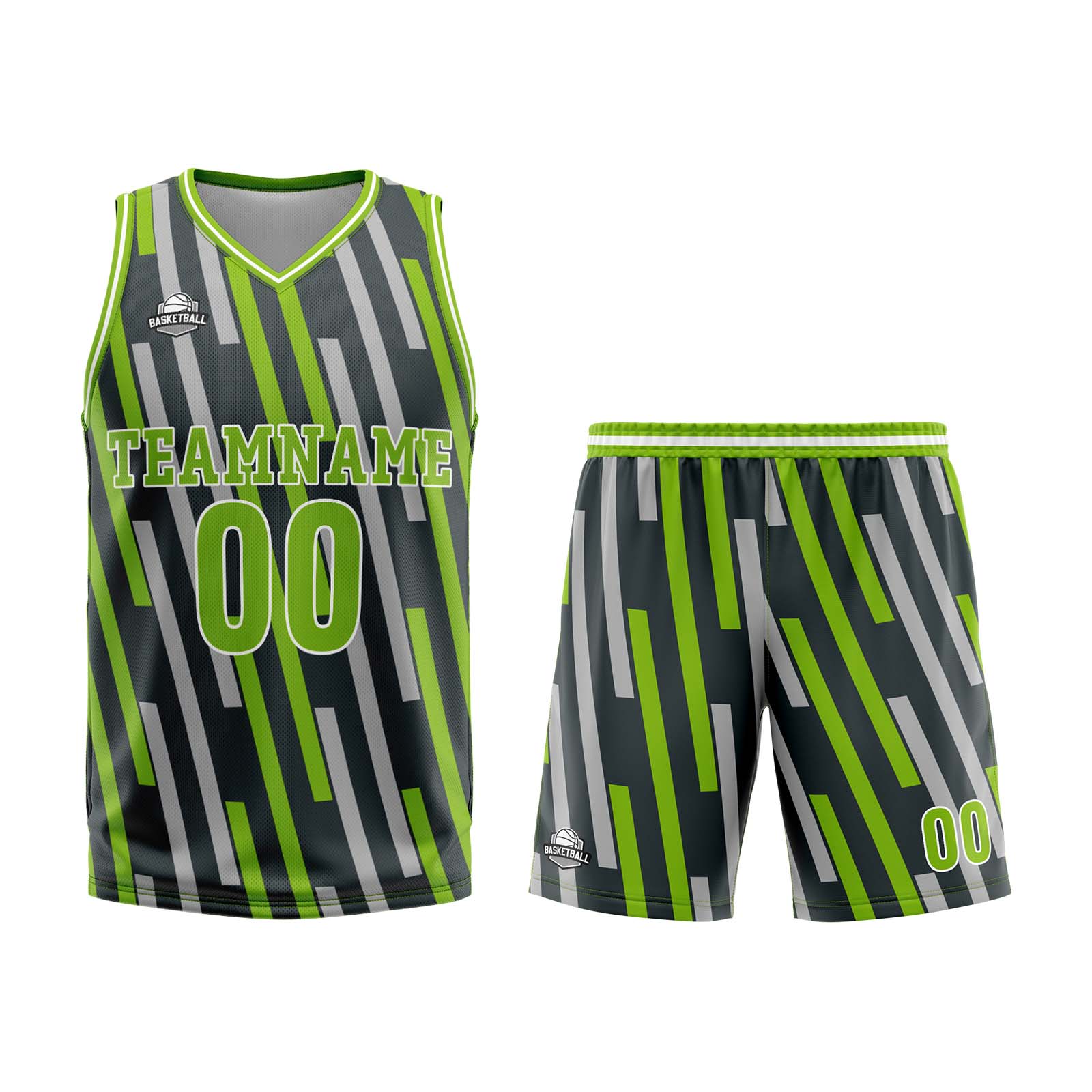 Camiseta de baloncesto personalizada con barra vertical verde gris-uniforme impreso con su logotipo-nombre y número