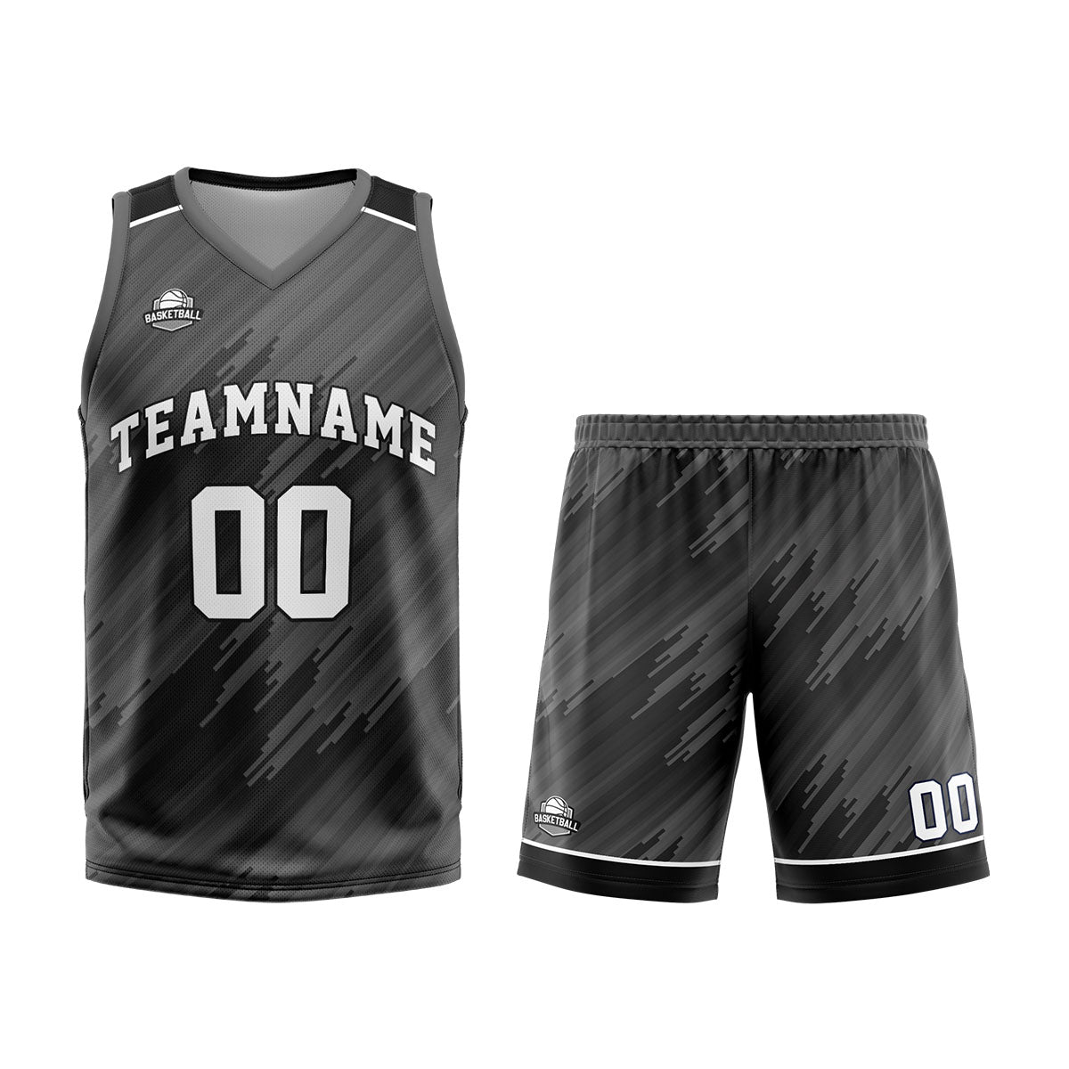 Uniforme de baloncesto gris tipo rayas personalizado con su logotipo-nombre y número impresos