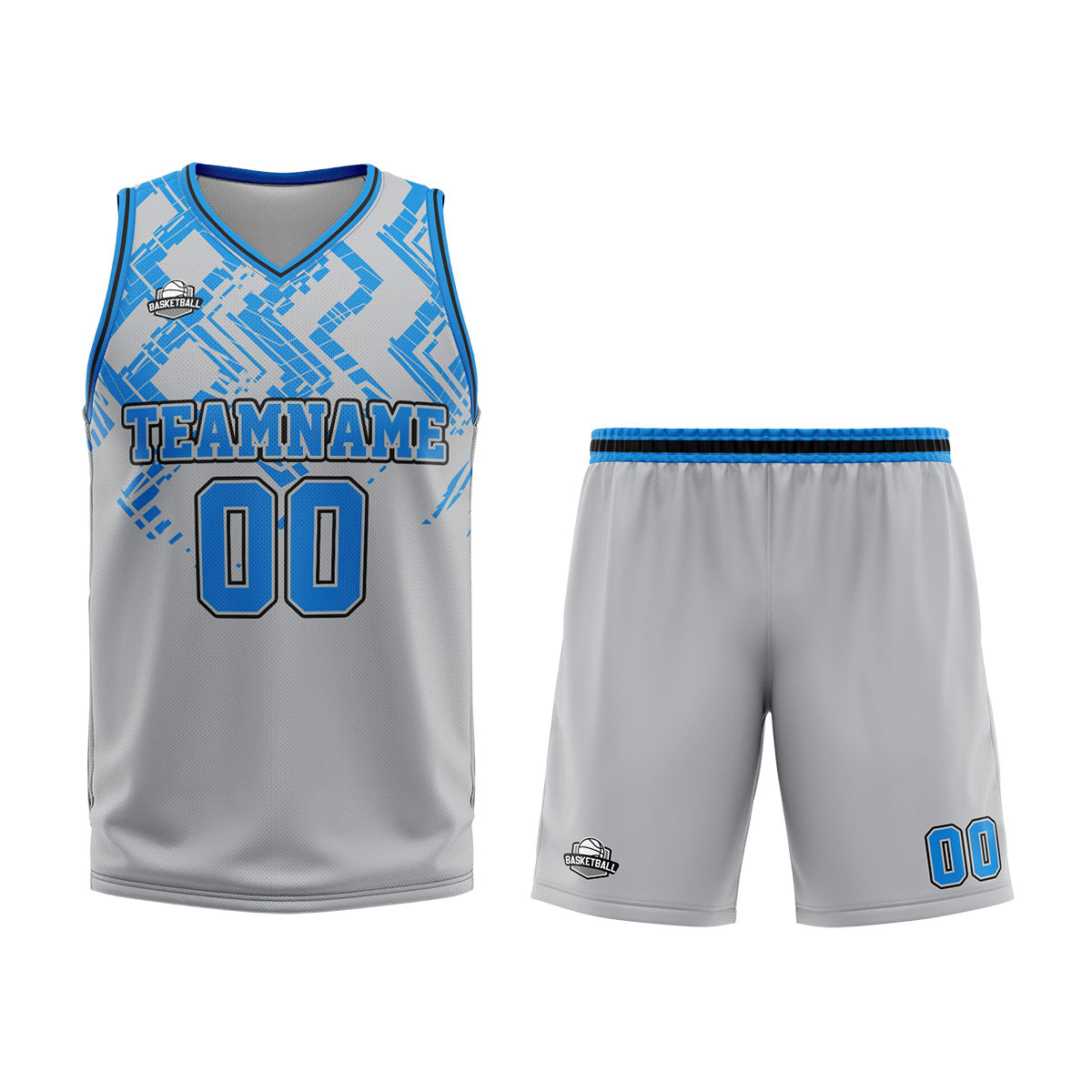 Uniforme de baloncesto personalizado en gris y azul con tu logotipo-nombre y número impresos