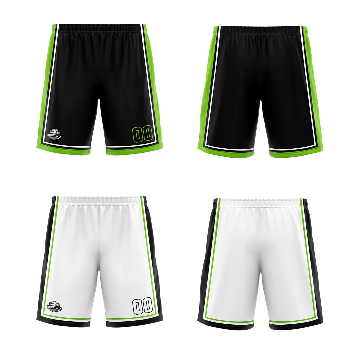 Traje de baloncesto reversible personalizado en negro-blanco y verde neón para adultos y niños