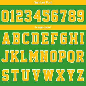 Uniforme de baloncesto personalizado amarillo y verde con tu logotipo-nombre y número impresos