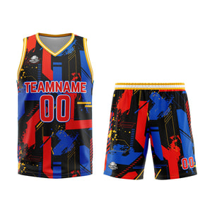 Uniforme de baloncesto rojo royal con geometría personalizada-estampado con tu logotipo-nombre y número
