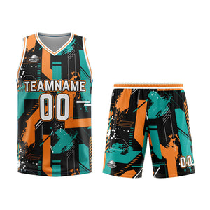 Uniforme de baloncesto personalizado Geometría Aqua Naranja con tu logotipo-nombre y número impresos