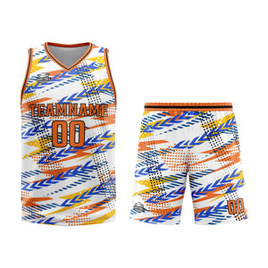 Uniforme de baloncesto personalizado blanco y naranja con tu logotipo-nombre y número impresos