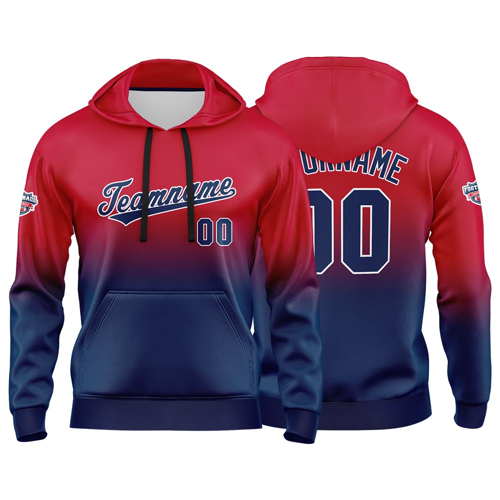 Sudadera con capucha personalizada con degradado para hombre-mujer-niña o niño Estampa tu logotipo-nombre o número Color rojo y azul marino
